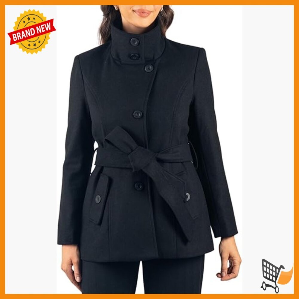 Wool Blend Peacoat with Removable Belt Convertible Funnel Neck 3-in-1